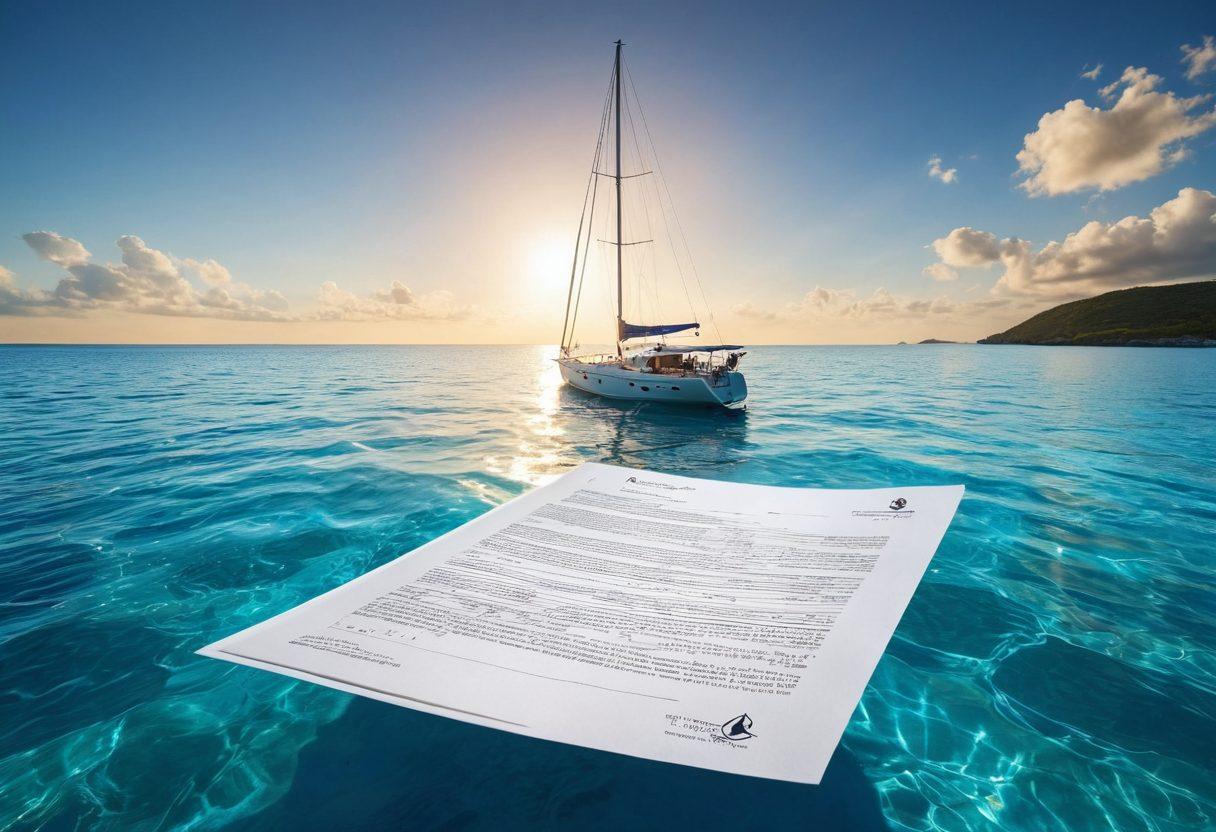 A serene yacht gliding through crystal clear blue waters, with a sun-kissed horizon in the background. Incorporate a subtle overlay of insurance documents and maritime symbols like anchors and compasses. Include vibrant colors to capture the beauty of adventure on the sea. Envisage the yacht as a symbol of security in the vast ocean. super-realistic. vibrant colors. blue theme.