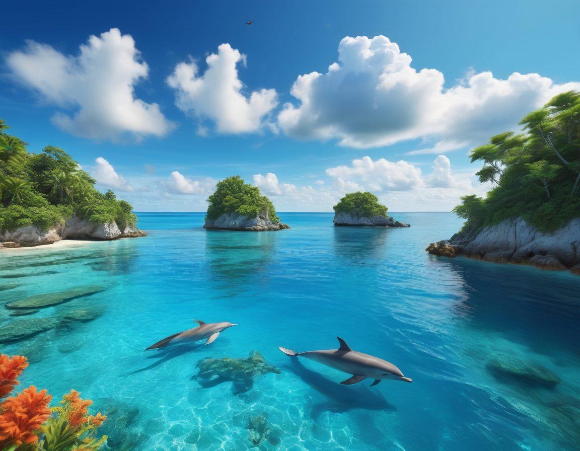 A scenic marine landscape featuring a sailboat navigating through tranquil waters, surrounded by lush islands and vibrant coral reefs. Include a diverse group of adventurers on board, looking at a detailed nautical map while smiling and enjoying their journey. The sky should be bright blue with fluffy white clouds, and playful dolphins should be jumping in the background. super-realistic. vibrant colors. 3D.