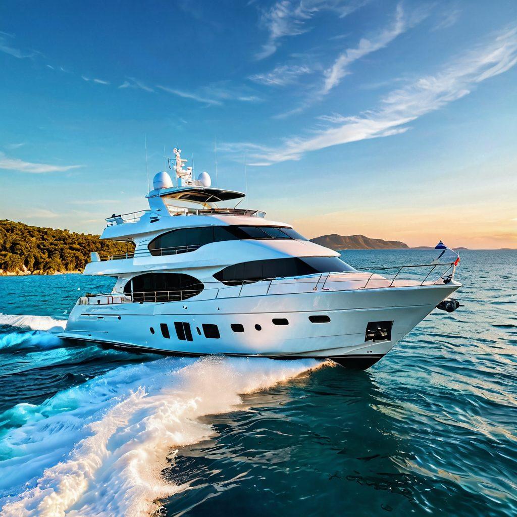A stunning luxury yacht cruising through crystal-clear turquoise waters under a bright blue sky, showcasing a serene sunset in the background. The yacht is adorned with sleek modern designs and tasteful decorations, illustrating sophistication. Include elements like a calm sea breeze, gentle waves, and a distant shoreline with lush greenery. Emphasize a feeling of tranquility and exclusivity. super-realistic. vibrant colors.